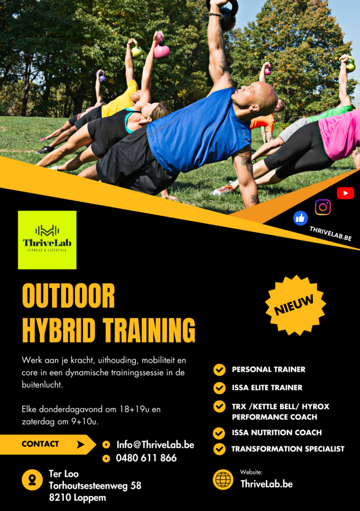 Outdoor fitness class in a park performing kettlebell lifts as part of ThriveLab's Hybrid Training banner