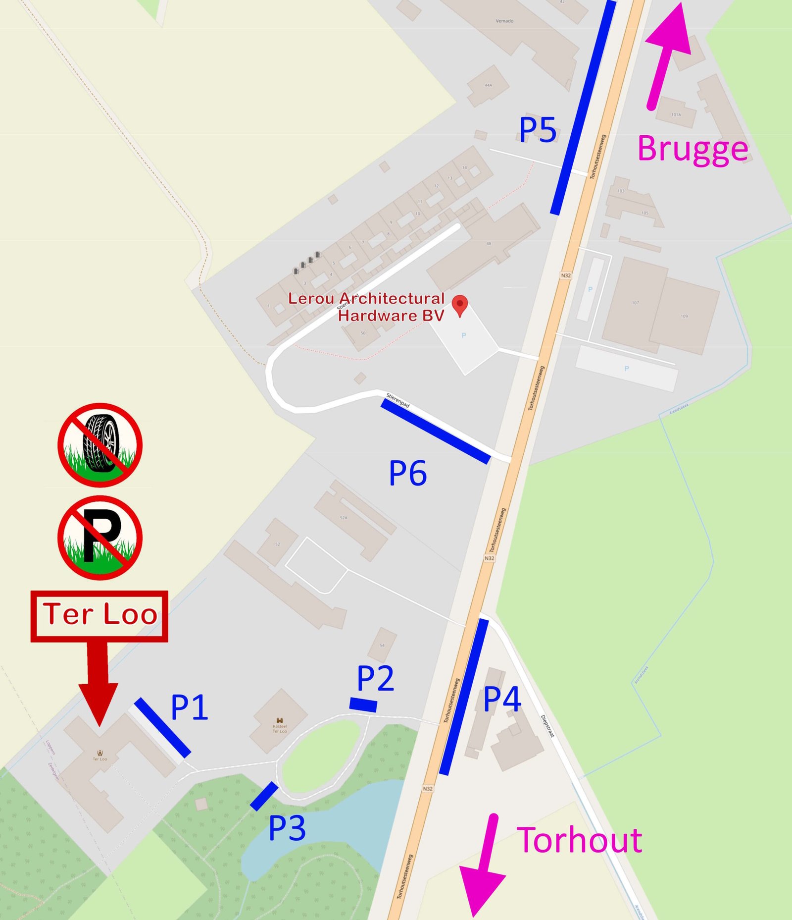 Informational map showing parking zones P1–P6 along a road near Lerou Architectural Hardware BV, with arrows pointing to Brugge and Torhout.
